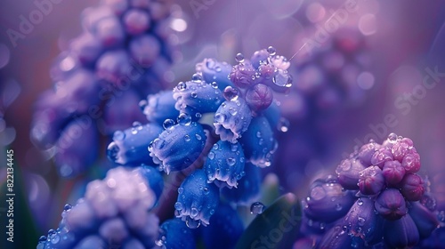 Muscari (Grape Hyacinths) flowers with dew drops, macro, close up. Small blue flower.