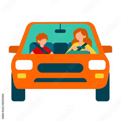 mother drives son to school with car flat illustration