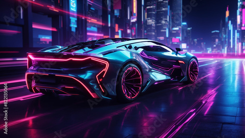 A blue and purple futuristic sports car is driving through a city at night  with glowing neon lights all around.