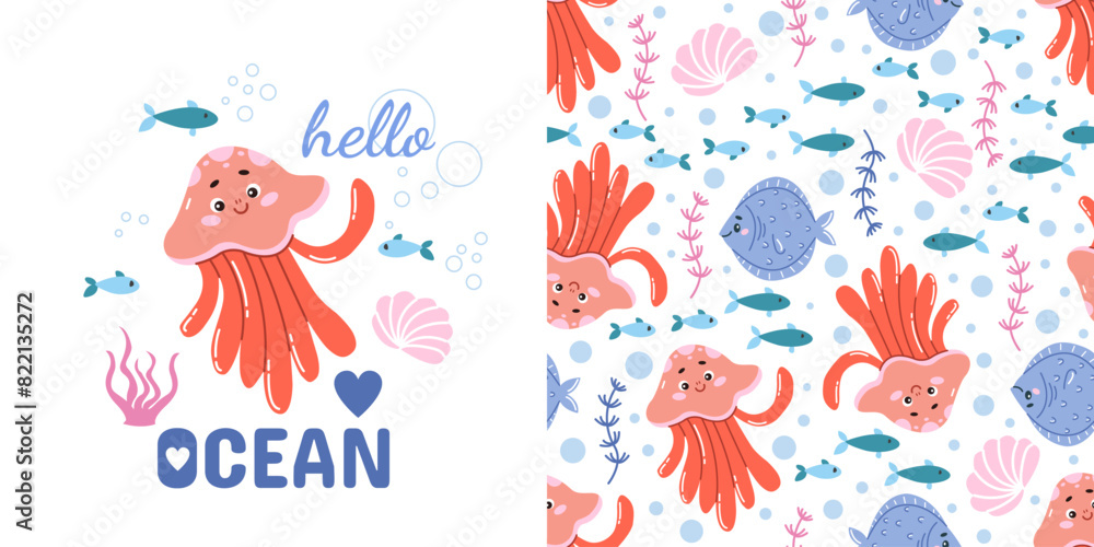 Vector seamless pattern and a postcard with a cute jellyfish in a hand-drawn style. Marine animals, ocean fish. Ideal for baby bedding, wallpaper, wrapping paper, fabric, textiles, T-shirt prints Vector seamless pattern and a postcard with a cute jellyfish in a hand-drawn style. Marine animals, ocean fish. Ideal for baby bedding, wallpaper, wrapping paper, fabric, textiles, T-shirt prints