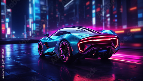 A blue and purple futuristic sports car is driving through a city at night  with glowing neon lights all around.