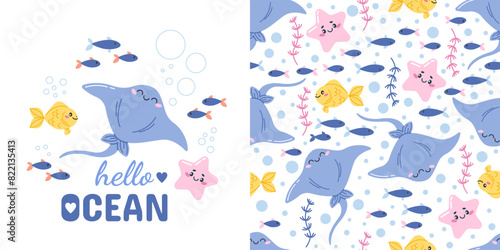 Vector seamless pattern and postcard with a cute hand-drawn sea stingray. Marine animals, ocean fish. Ideal for baby bedding, wallpaper, wrapping paper, fabric, textiles, T-shirt prints