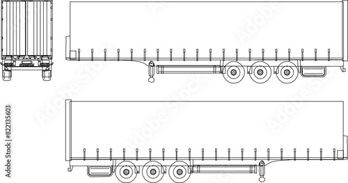 vector illustration, sketch design, image of the rear container of a heavy-duty trailer truck seen from various sides 