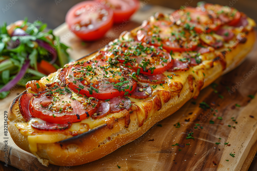oven baked half baguette with melted cheese salami tomato slices and chives oven baked half baguette with melted cheese salami tomato slices and chives