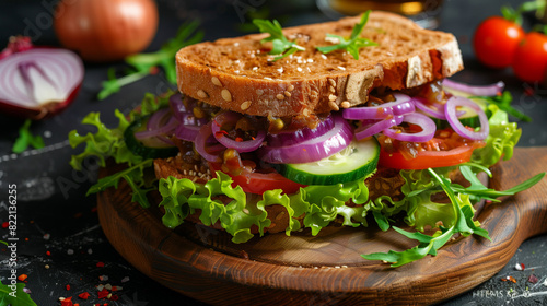 brown rea bread sandwich with violet red onion cucumber tomatoes