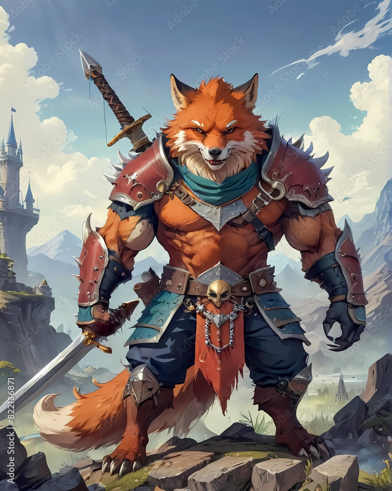 Naklejka premium A monstrous behemoth beast a red fox as fantasy warrior 