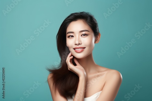 Turquoise background Happy Asian Woman Portrait of young beautiful Smiling Woman good mood Isolated on Background Skin Care Face Beauty Product Banner with copyspace