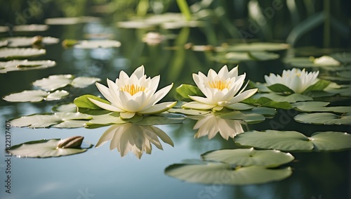 There are two white water lilies in a pond surrounded by green lily pads.  