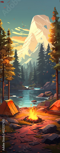 Create a beautiful landscape image of a mountain camping scene. Include a lake, a campfire, and a tent. Make it colorful and vibrant, with a painterly style. photo