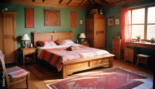 Ethnic spacious colorful bedroom with wooden furniture photo