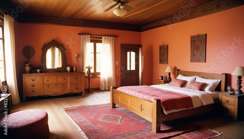 Ethnic spacious colorful bedroom with wooden furniture