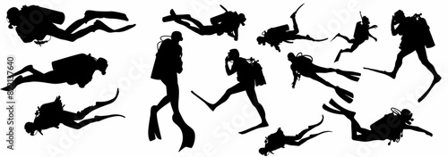Scuba diver silhouettes in different poses. 