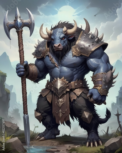 A monstrous behemoth beast a Water buffalo as fantasy warrior 