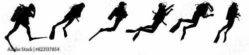 Scuba diver silhouettes in different poses. 