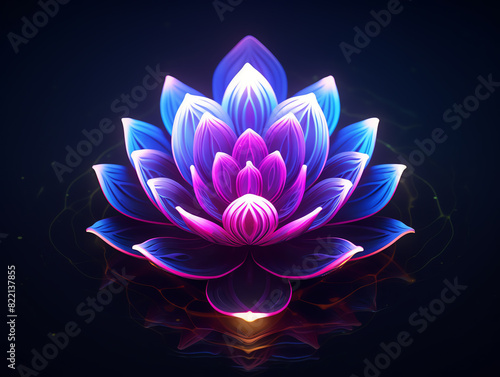 A glowing blue and purple lotus flower floats on a dark body of water
