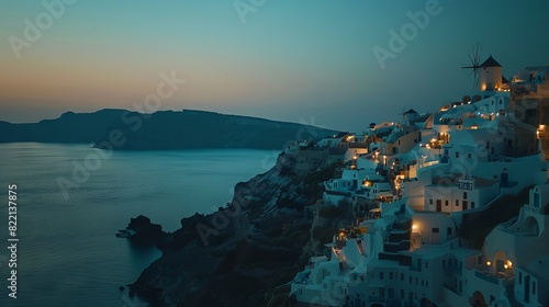 The cliffside buildings of Santorini glowing under the moonlight  with the calm sea stretching into the horizon. 