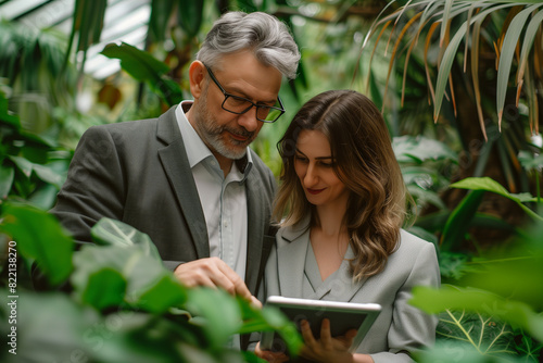 well-groomed man and woman looking at a tablet. Both individuals are aged between 35 and 40 years old. The background of the photo should resemble a garden environment. photo