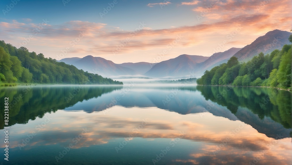 A calm lake in the morning with a beautiful sky and green trees on the shore.

