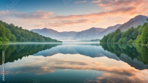 A calm lake in the morning with a beautiful sky and green trees on the shore.