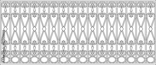 vector illustration, sketch design, drawing of a classic vintage European model of old iron fence railing
