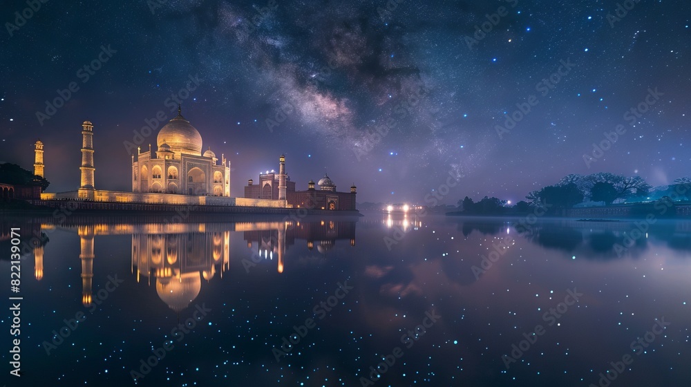  The Taj Mahal seen at night, with its white marble glowing under the light of the moon and stars, reflecting in the Yamuna River, creating a serene and majestic atmosphere. 