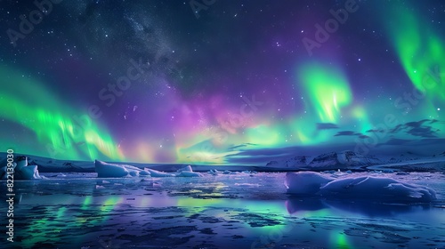  A magical landscape capturing the Northern Lights in green and purple hues dancing over the Jokulsarlon Glacier Lagoon, where icebergs float in the icy waters against a starry night sky. © Shahriyar