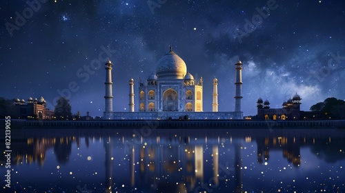  The Taj Mahal seen at night, with its white marble glowing under the light of the moon and stars, reflecting in the Yamuna River, creating a serene and majestic atmosphere.  photo