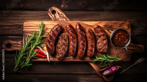 Delicious grilled sausages on a wooden board