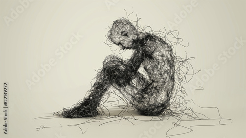sketch of a person looking sad and isolated, with scribbled lines above, depicting depression and loneliness 