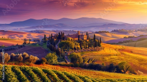  A classic Tuscan landscape at sunset  featuring rolling hills  rows of cypress trees  and ancient farmhouses. 