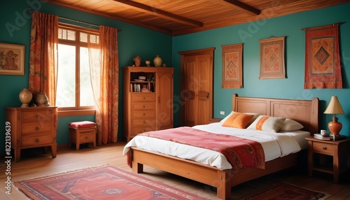 Ethnic spacious colorful bedroom with wooden furniture photo