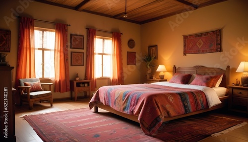 Ethnic spacious colorful bedroom with wooden furniture photo