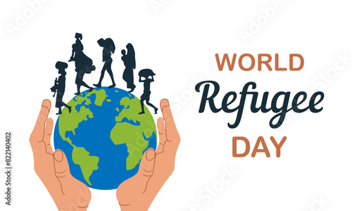 Silhouettes of many people with luggage. Banner for World Refuge Day , flat vector illustration .
