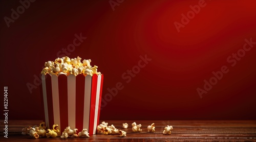 popcorn on a wooden table with red background