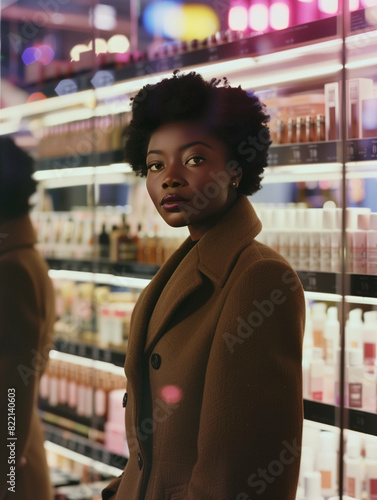 A poised posh African American woman in her 30s stands in a brightly lit cosmetic store, ready to buy makeup products