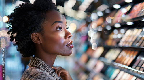 A poised posh African American woman in her 30s stands in a brightly lit cosmetic store, ready to buy makeup products