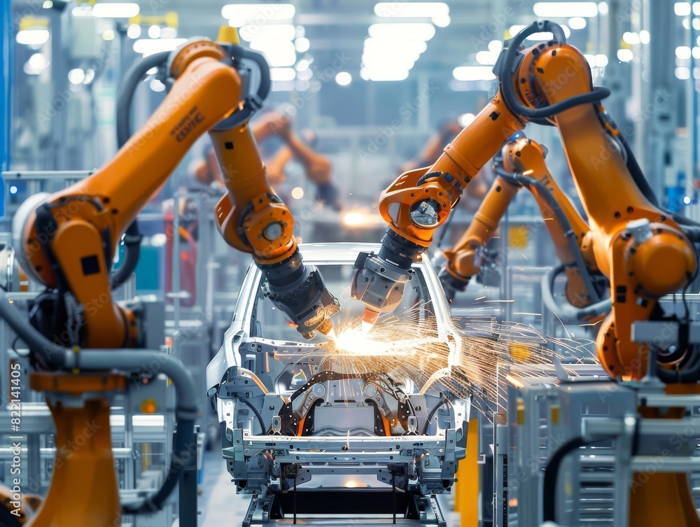 High-Tech Robotic Arms Welding Car Frames in an Automated Factory High-Tech Robotic Arms Welding Car Frames in an Automated Factory