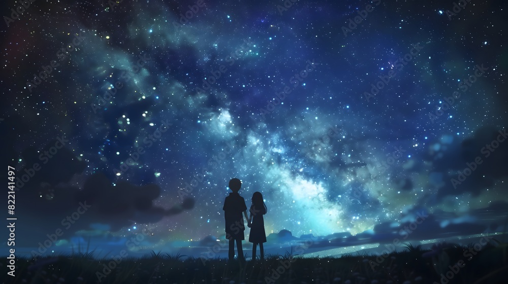 Stars and Night - Two silhouetted children hold hands under a night sky filled with countless stars and the Milky Way, creating a magical scene Stars and Night - Two silhouetted children hold hands under a night sky filled with countless stars and the Milky Way, creating a magical scene