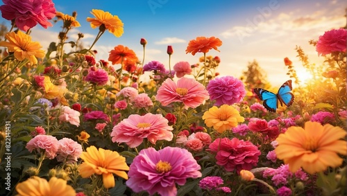 This is an image of a field of flowers. The flowers are mostly pink, red, and yellow, with some purple and blue flowers as well. The flowers are in bloom and there is a lot of green foliage. The sun i