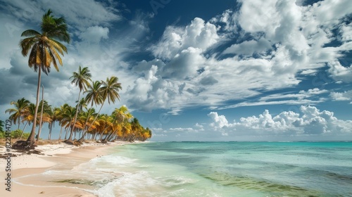 Sandy Beach With Palm Trees and Blue Water