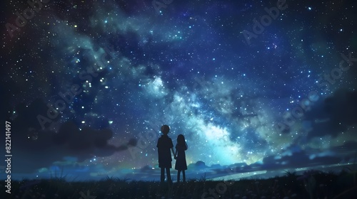 Stars and Night - Two silhouetted children hold hands under a night sky filled with countless stars and the Milky Way, creating a magical scene