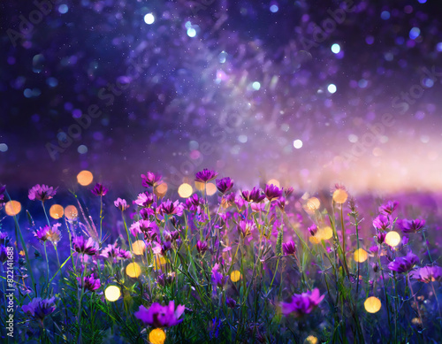 a dreamlike view of purple flowers in the meadow with bokeh lights background photo