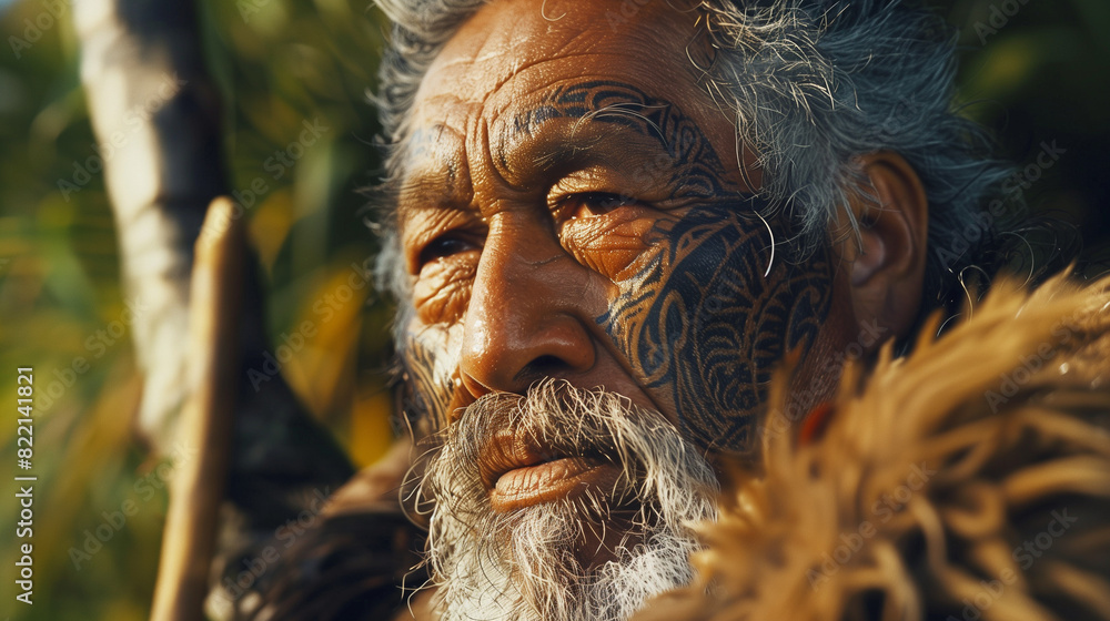 An old man in the forest with face tattoo and a coat An old man in the forest with face tattoo and a coat
