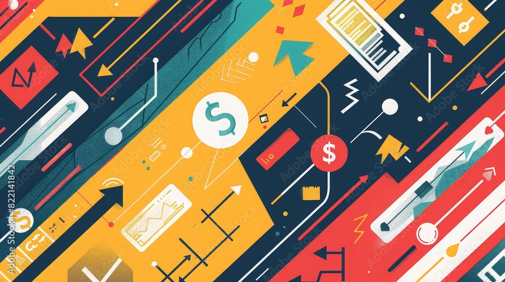 Abstract financial infographic with arrows, dollar symbols, charts, and colorful geometric shapes. Abstract financial infographic with arrows, dollar symbols, charts, and colorful geometric shapes.