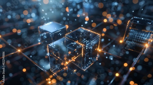 A digital world filled with interconnected blocks infused with quantum particles portraying the potential for quantum computing to disrupt and transform traditional cryptographic systems. photo