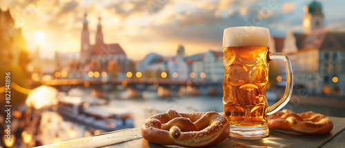 Beer and pretzel at sunset with a panoramic view of a European town during Oktoberfest photo