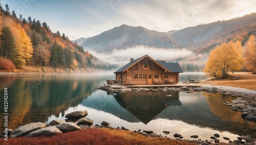 A wooden cabin on the edge of a body of water. There are trees and mountains in the background.