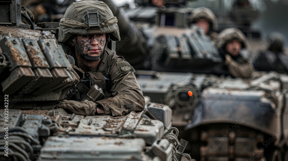 A close-up of an Military tank M1 Abrams crew in the heat of battle The soldiers faces are grimy and determined as they operate the tanks complex systems amidst the chaos