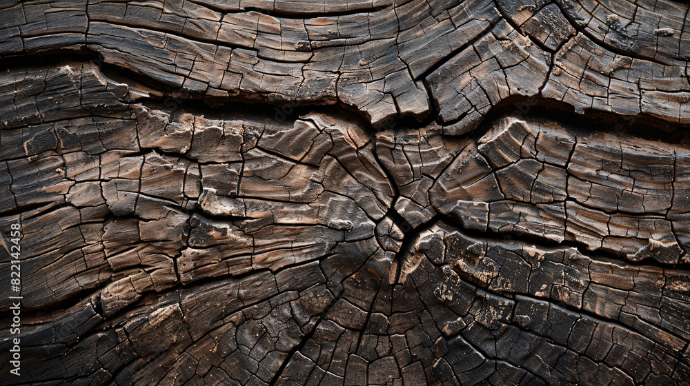 Fototapeta premium A close-up view of the weathered, brown wood texture with visible cracks and grain patterns, capturing the rustic charm of aged timber