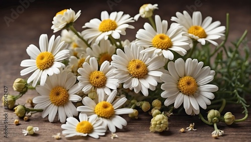 There are several white and yellow daisy flowers with green stems and leaves on a brown surface.  